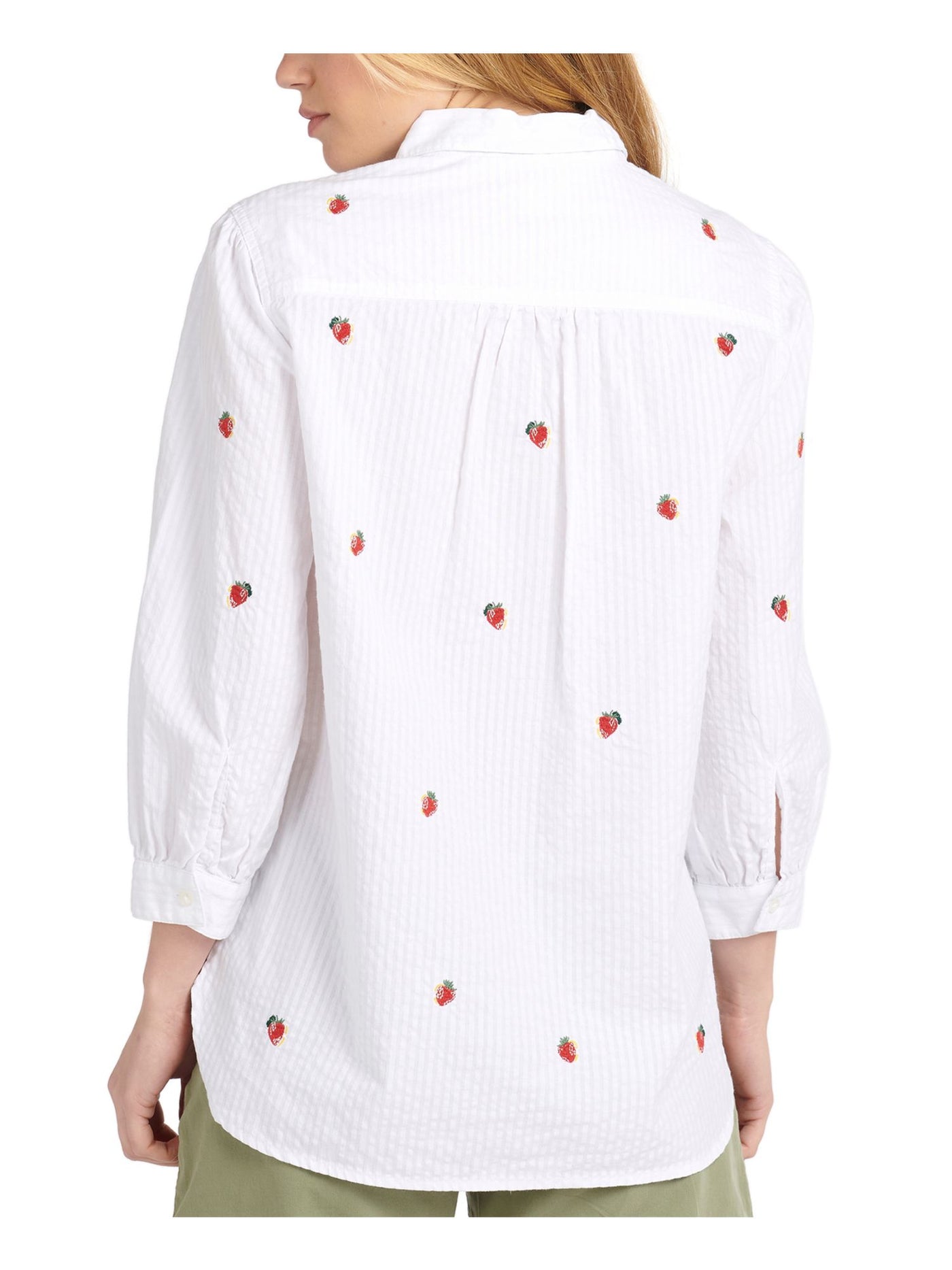 BARBOUR Womens White Textured Embroidered Cuffed Curved Hem Slitted Striped 3/4 Sleeve Collared Button Up Top 10