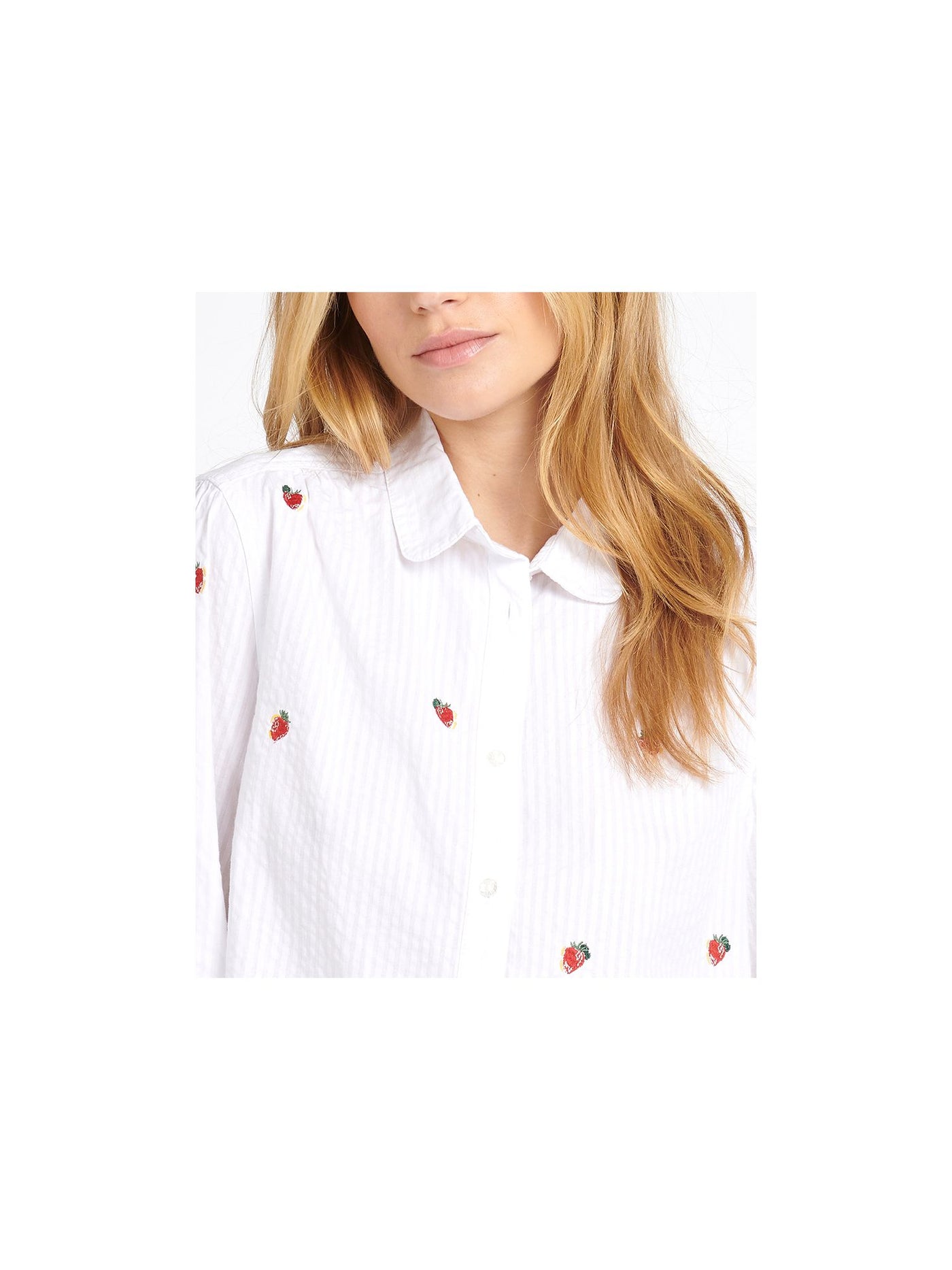 BARBOUR Womens White Textured Embroidered Cuffed Curved Hem Slitted Striped 3/4 Sleeve Collared Button Up Top 6