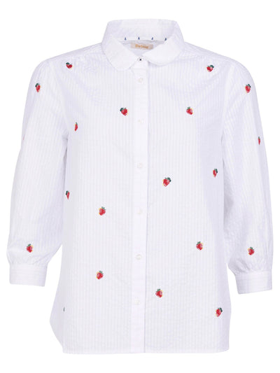 BARBOUR Womens White Textured Embroidered Cuffed Curved Hem Slitted Striped 3/4 Sleeve Collared Button Up Top 14
