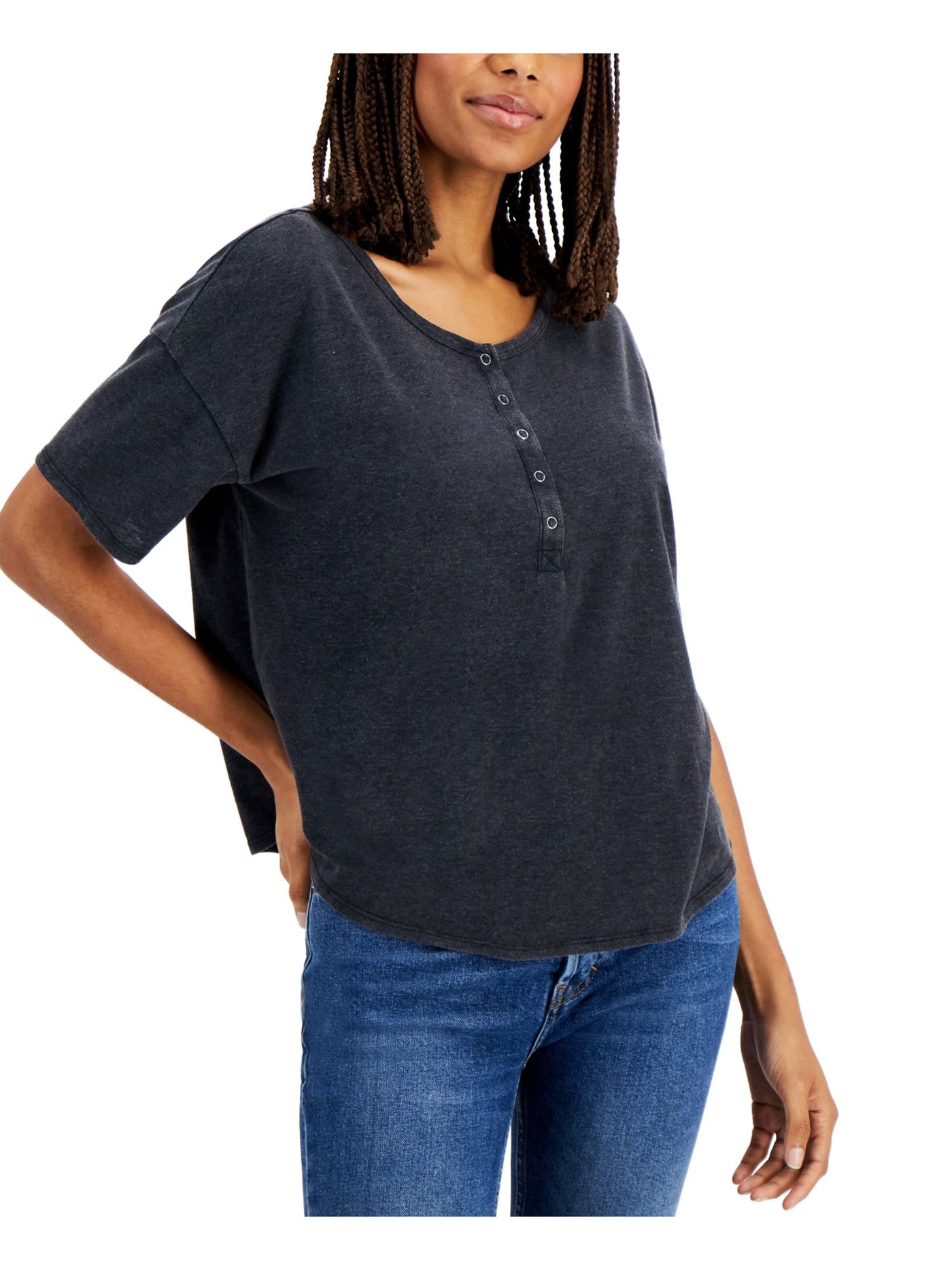 HIPPIE ROSE Womens Black Stretch Heather Short Sleeve Scoop Neck T-Shirt Juniors S