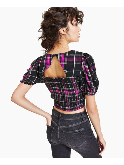 BAR III Womens Purple Smocked Cut Out Cropped Plaid Pouf Sleeve Sweetheart Neckline Party Top M