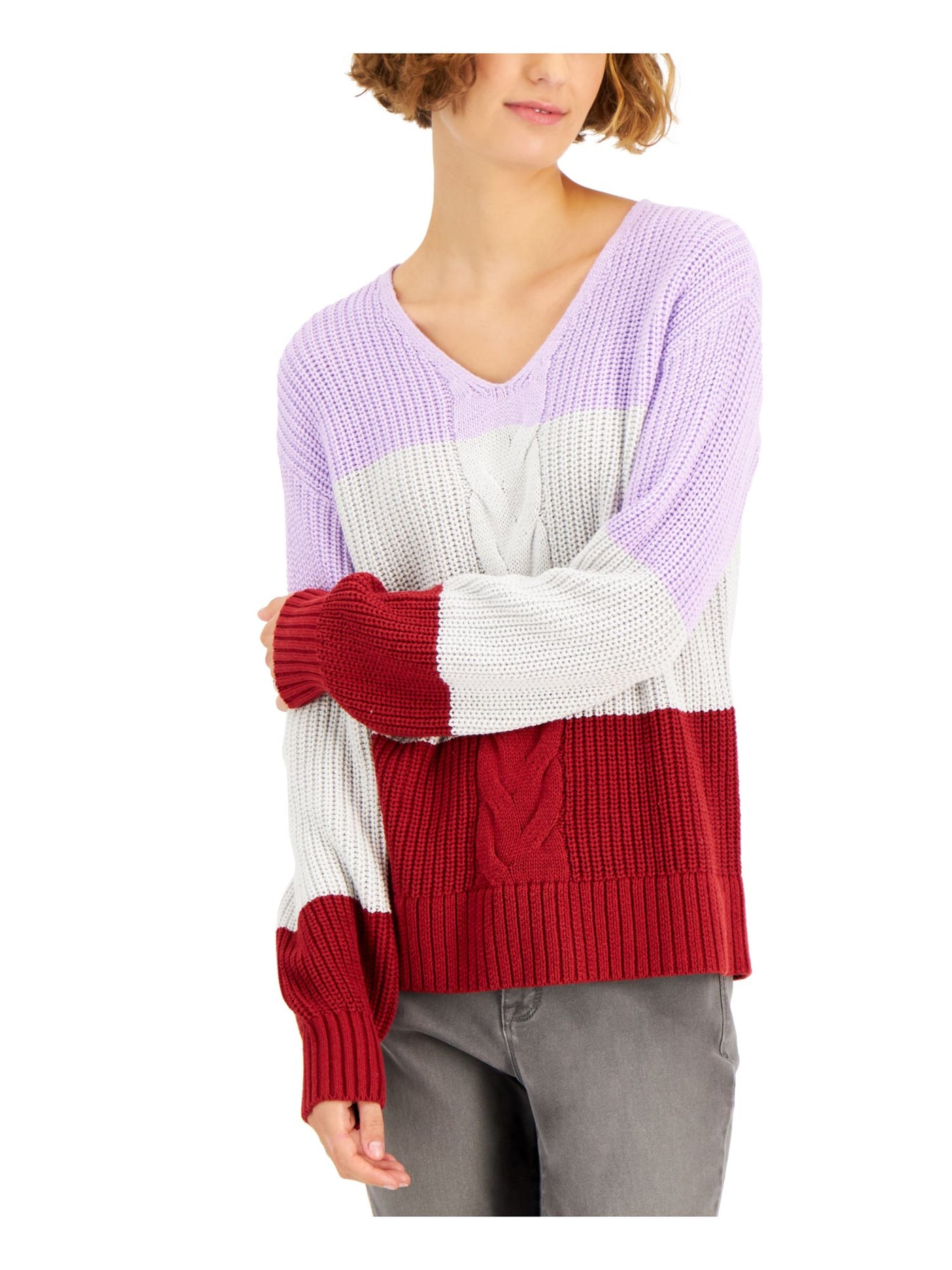 STYLE & COMPANY Womens Purple Ribbed Cable Front Color Block Long Sleeve V Neck Wear To Work Sweater S