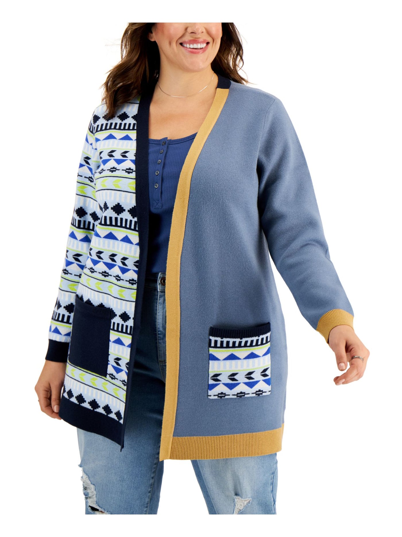 STYLE & COMPANY Womens Blue Stretch Pocketed Ribbed Relaxed Fit  Cardigan Color Block Long Sleeve Open Front Sweater Plus 0X