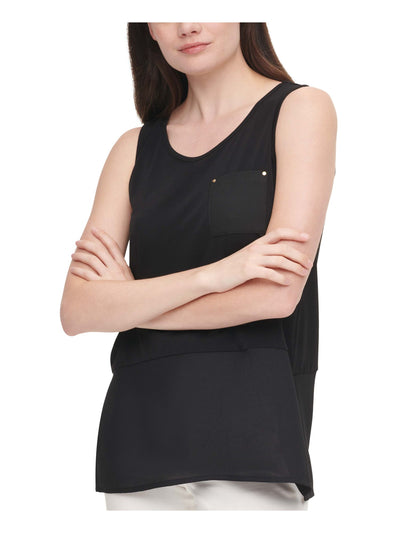 CALVIN KLEIN Womens Black Stretch Pocketed Layered Look Lined Sleeveless Scoop Neck Tank Top S