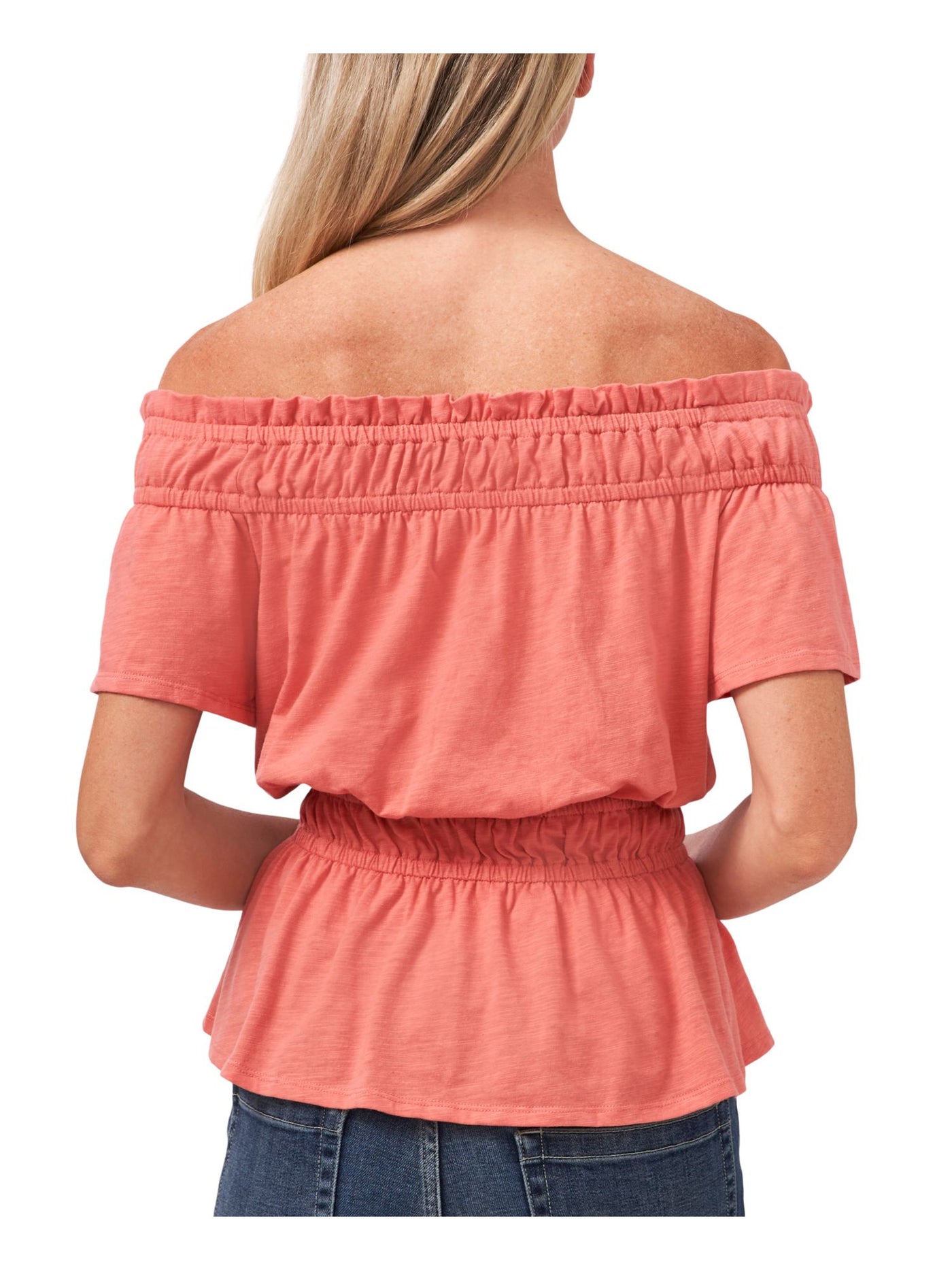 CECE Womens Coral Stretch Ruffled Elastic Waist And Neck Off Shoulder Peplum Top S
