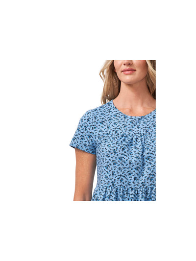 CECE Womens Blue Floral Short Sleeve Crew Neck Sweater S