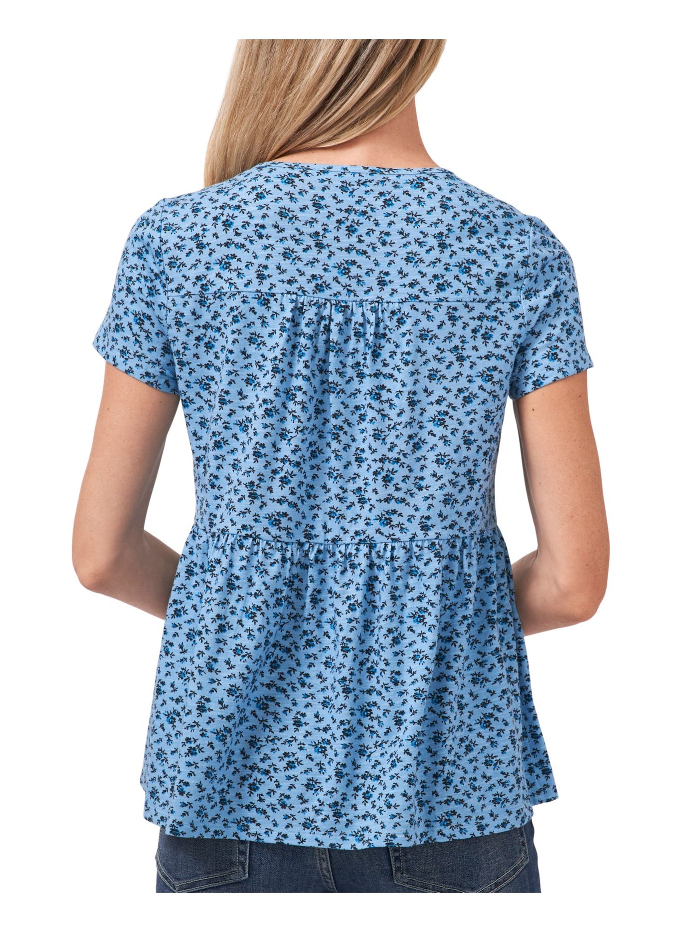 CECE Womens Blue Floral Short Sleeve Crew Neck Sweater S