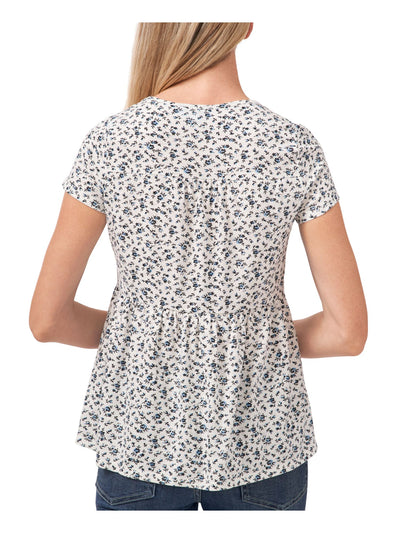 CECE Womens White Floral Short Sleeve Crew Neck Top S