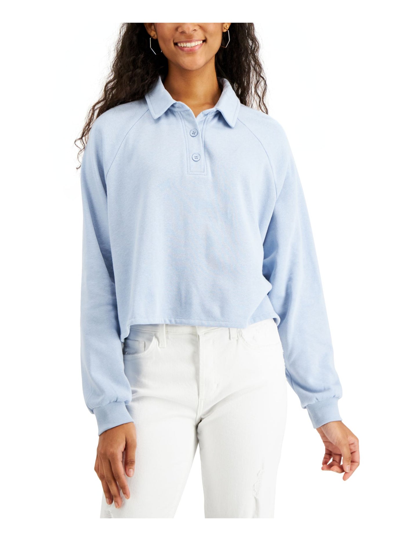 SELF E Womens Light Blue Cotton Blend Short Length Cuffed Long Sleeve Collared Crop Top Juniors XL