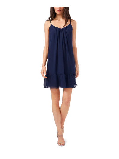 1. STATE Womens Blue Ruffled Lined Spaghetti Strap V Neck Above The Knee Cocktail Shift Dress L