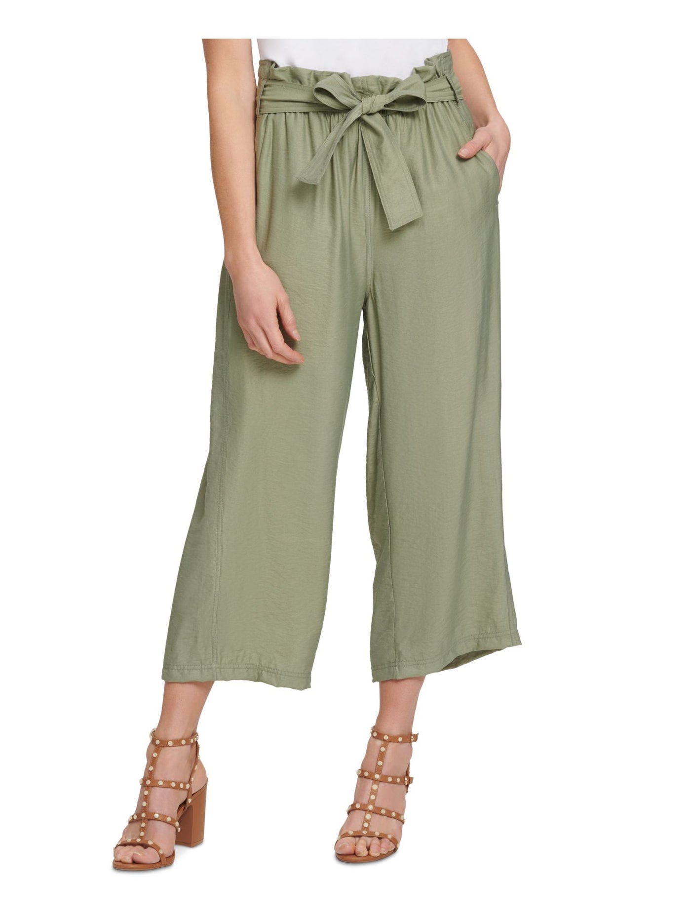 DKNY Womens Green Pocketed Belted Paperbag-waist Cropped Wide Leg Pants L