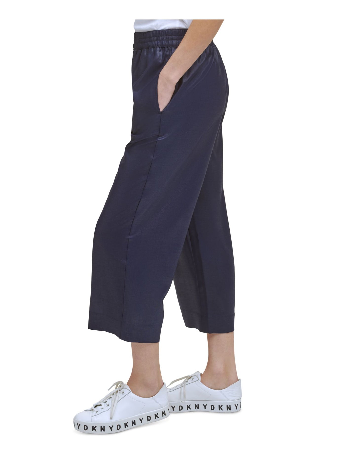 DKNY Womens Navy Stretch Pocketed Metallic Wide-leg Cropped Elastic-waist High Waist Pants XXS