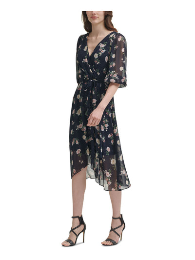 DKNY Womens Navy Zippered Pleated Belted Lined Floral Elbow Sleeve Surplice Neckline Midi Wear To Work Faux Wrap Dress 8