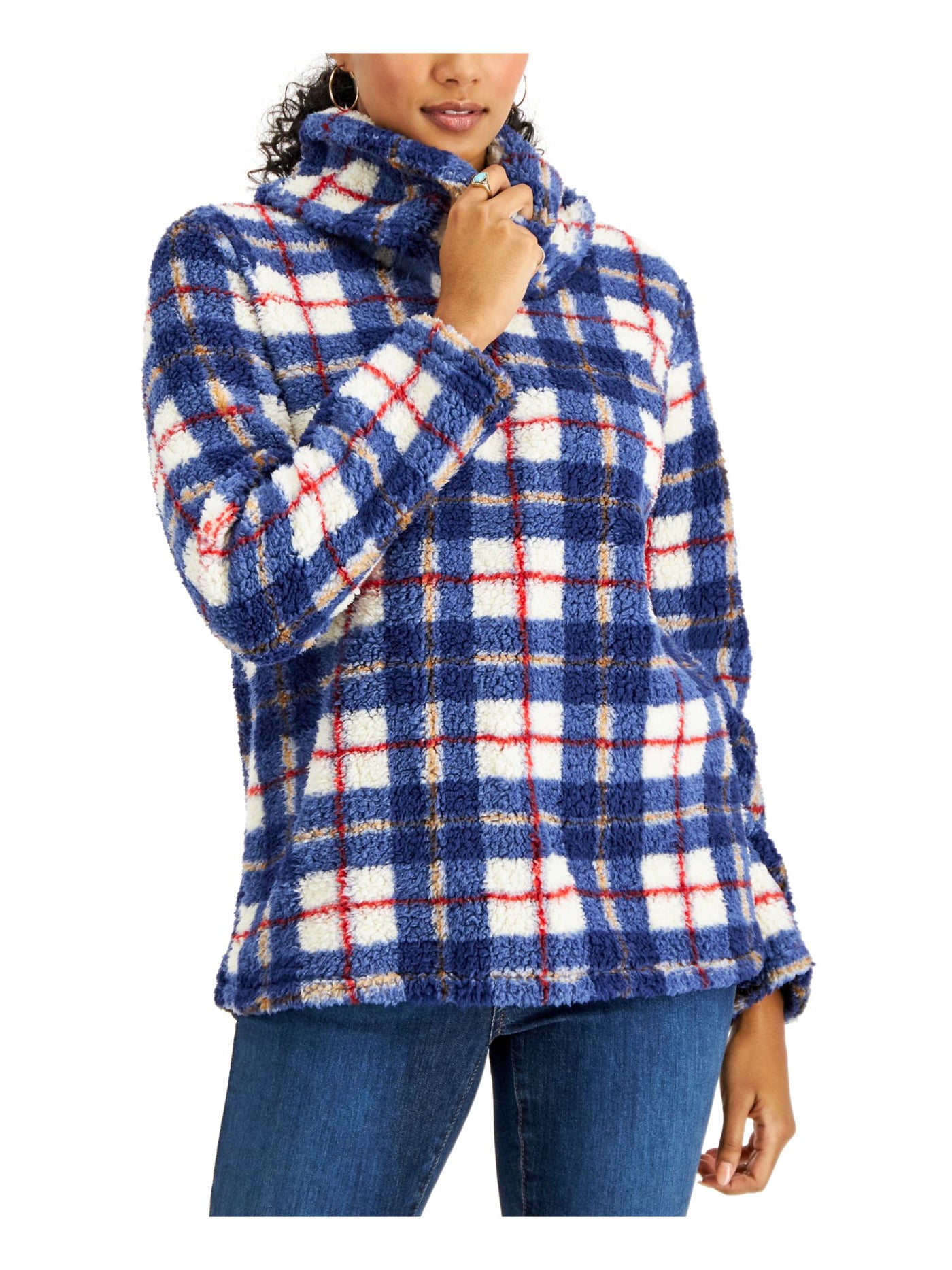 STYLE & COMPANY Womens Blue Plaid Long Sleeve Cowl Neck Sweater S