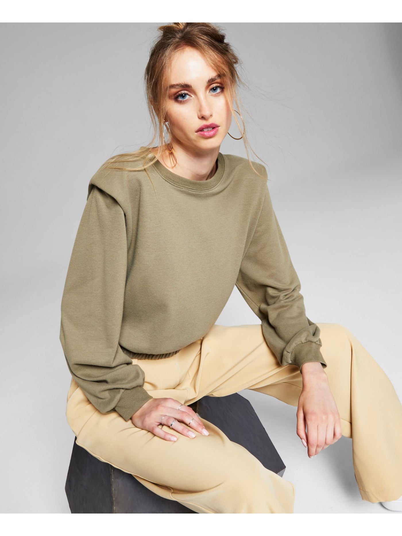 AND NOW THIS Womens Green Stretch Ribbed Elastic Waist Shoulder Pads Sweatshirt S