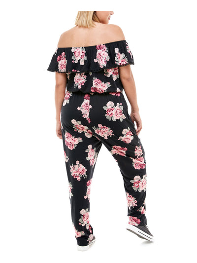 PLANET GOLD PLUS Womens Black Gathered Pocketed Pull-on Styling Floral Off Shoulder Straight leg Jumpsuit Plus 2X