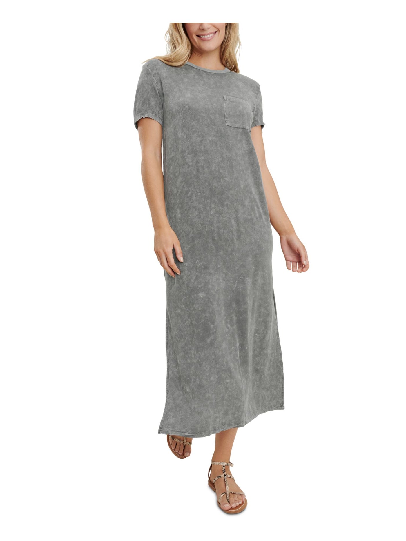SPLENDID Womens Gray Stretch Pocketed Slitted T-shirt Unlined Short Sleeve Round Neck Midi Dress XS
