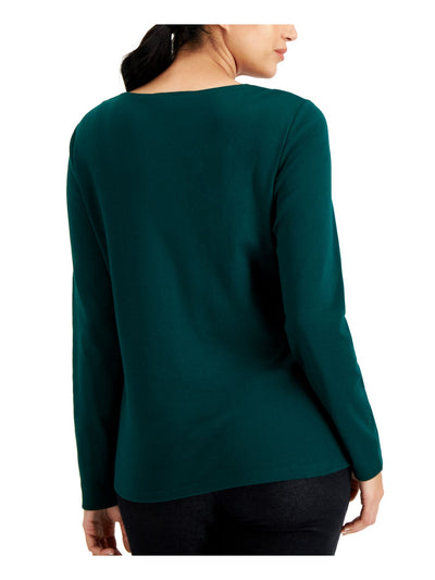 KAREN SCOTT Womens Green Stretch Glitter Graphic Long Sleeve Scoop Neck Holiday Top Petites PP