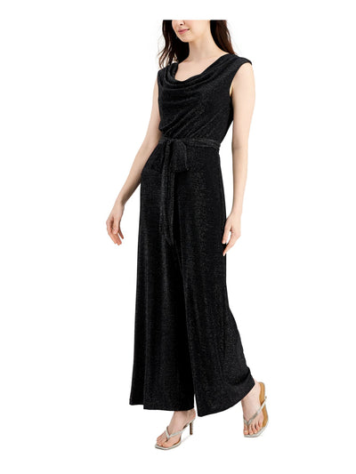 CONNECTED APPAREL Womens Black Stretch Belted Zippered Partially Lined Sleeveless Cowl Neck Party Wide Leg Jumpsuit 8