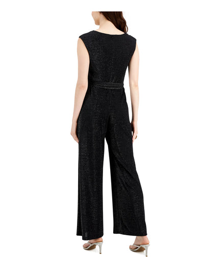 CONNECTED APPAREL Womens Black Stretch Belted Zippered Partially Lined Sleeveless Cowl Neck Party Wide Leg Jumpsuit 8
