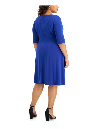 LONDON TIMES Womens Blue Stretch Zippered Round Neck With Cutouts Elbow Sleeve Knee Length Wear To Work Fit + Flare Dress Plus 14W