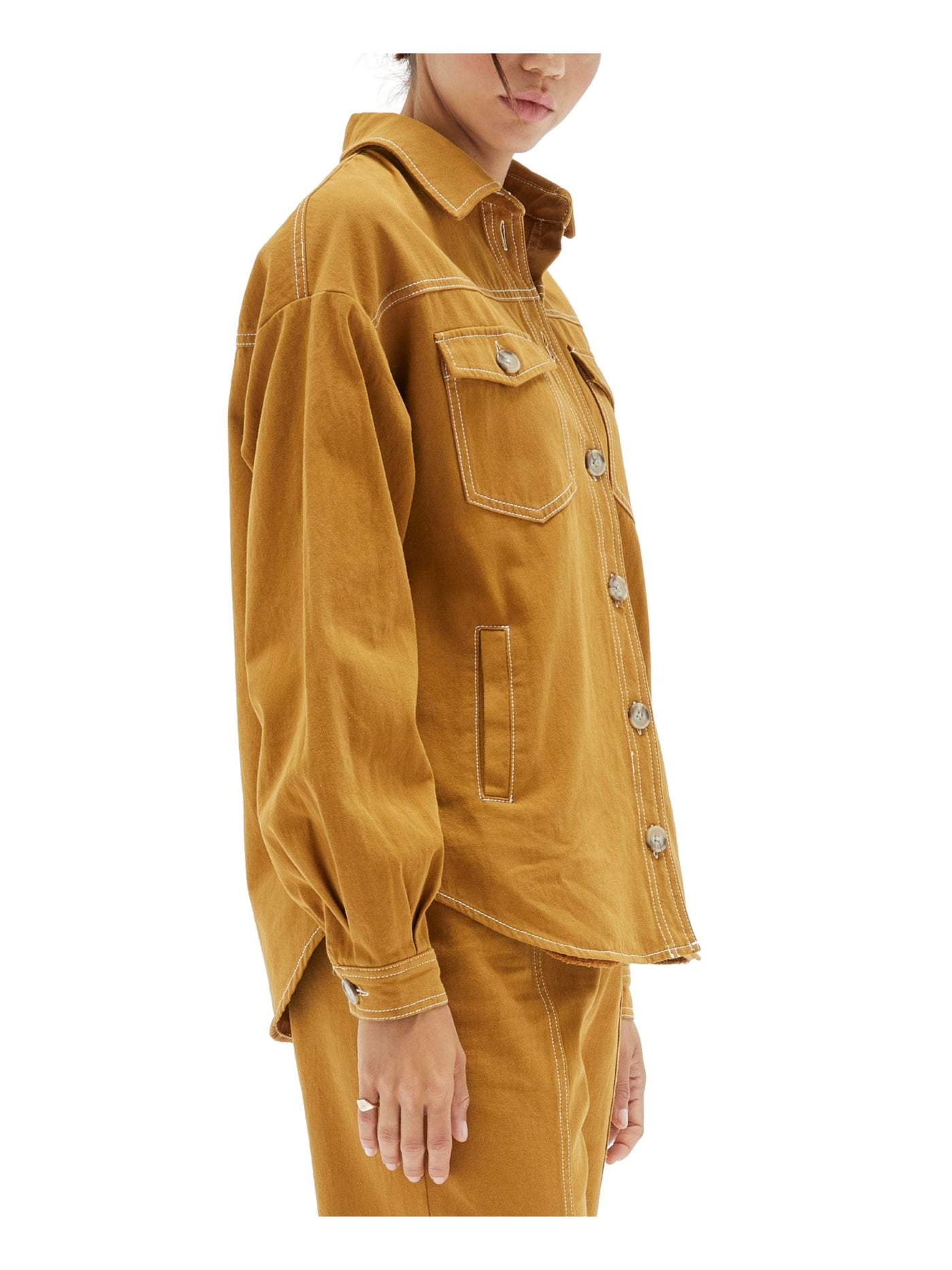 MINKPINK Womens Gold Cotton Pocketed Collard Cuffed Curved Hem Button Down Jacket L