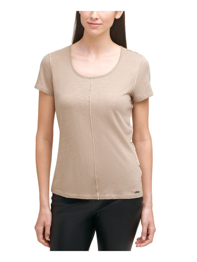 DKNY Womens Beige Textured Contrast Seams Short Sleeve Scoop Neck T-Shirt M