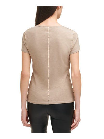 DKNY Womens Beige Textured Contrast Seams Short Sleeve Scoop Neck T-Shirt M