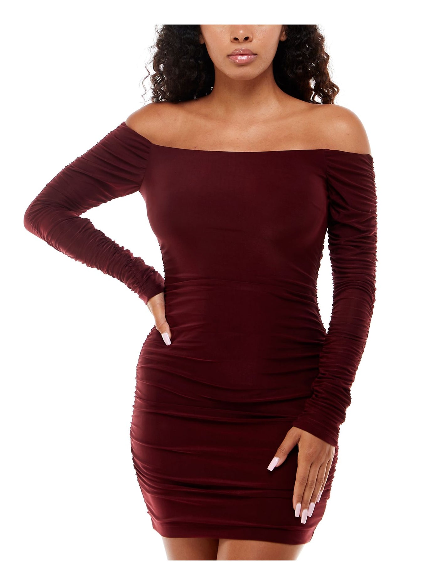B DARLIN Womens Maroon Ruched Long Sleeve Off Shoulder Short Party Body Con Dress Juniors 15\16