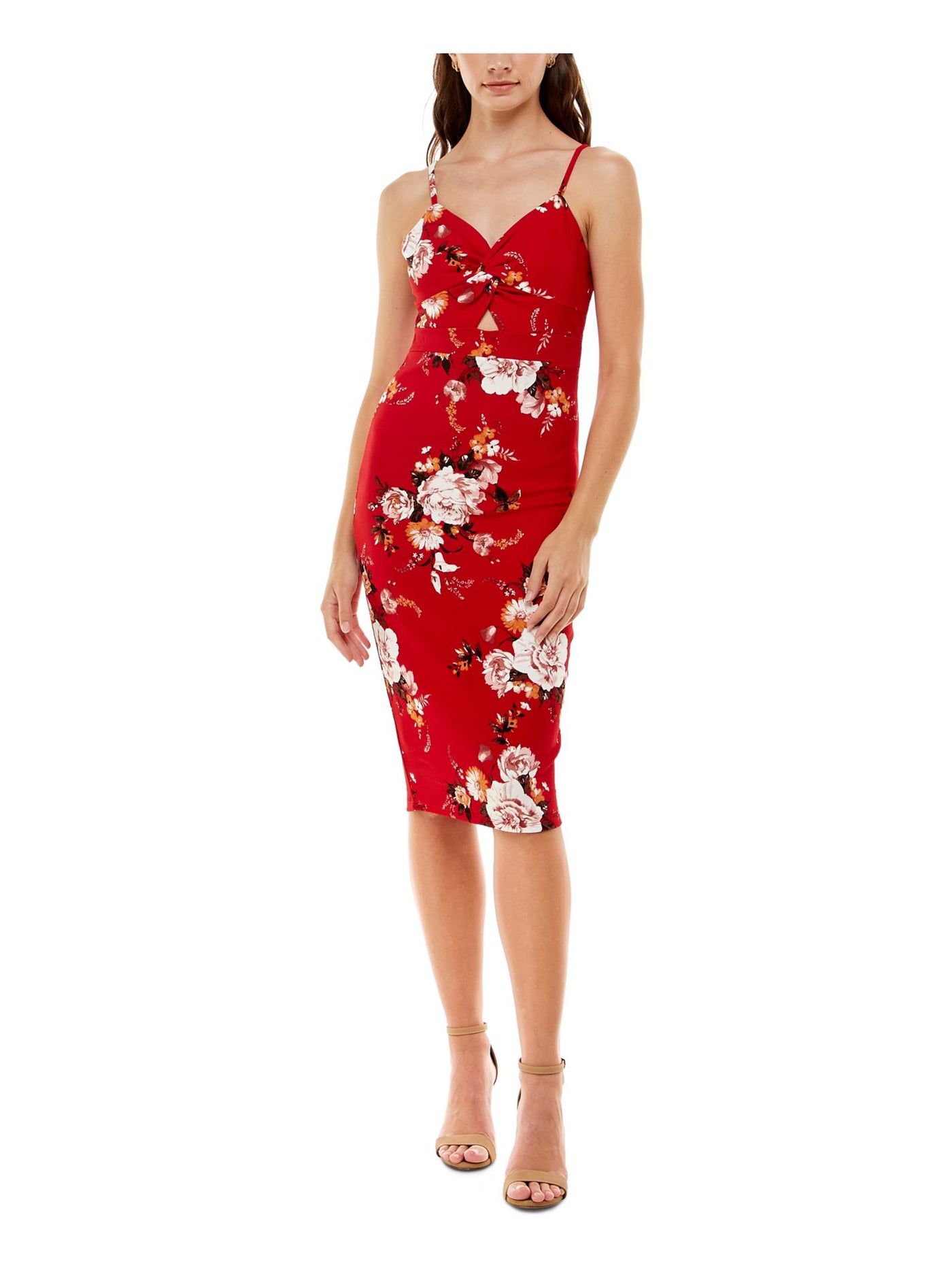 ALMOST FAMOUS Womens Red Stretch Twist Front Jersey-knit Peekaboo-keyhole Floral Spaghetti Strap Sweetheart Neckline Knee Length Party Body Con Dress Juniors XS