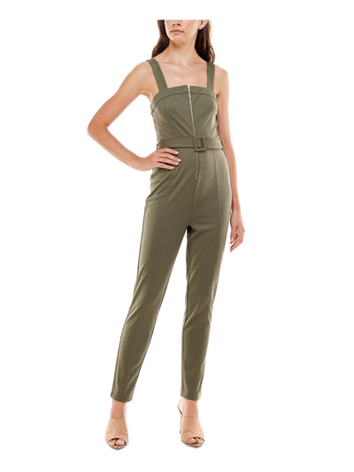 ALMOST FAMOUS Womens Green Belted Zippered Sleeveless Square Neck Skinny Jumpsuit Juniors S