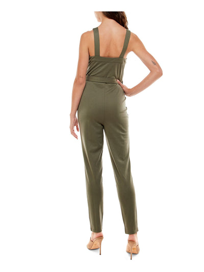 ALMOST FAMOUS Womens Green Belted Zippered Sleeveless Square Neck Skinny Jumpsuit Juniors S
