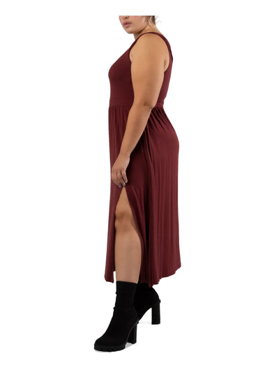 BLACK TAPE Womens Maroon Stretch Slitted Pullover Styling Scoop Back Sleeveless Scoop Neck Midi Fit + Flare Dress Plus 2X