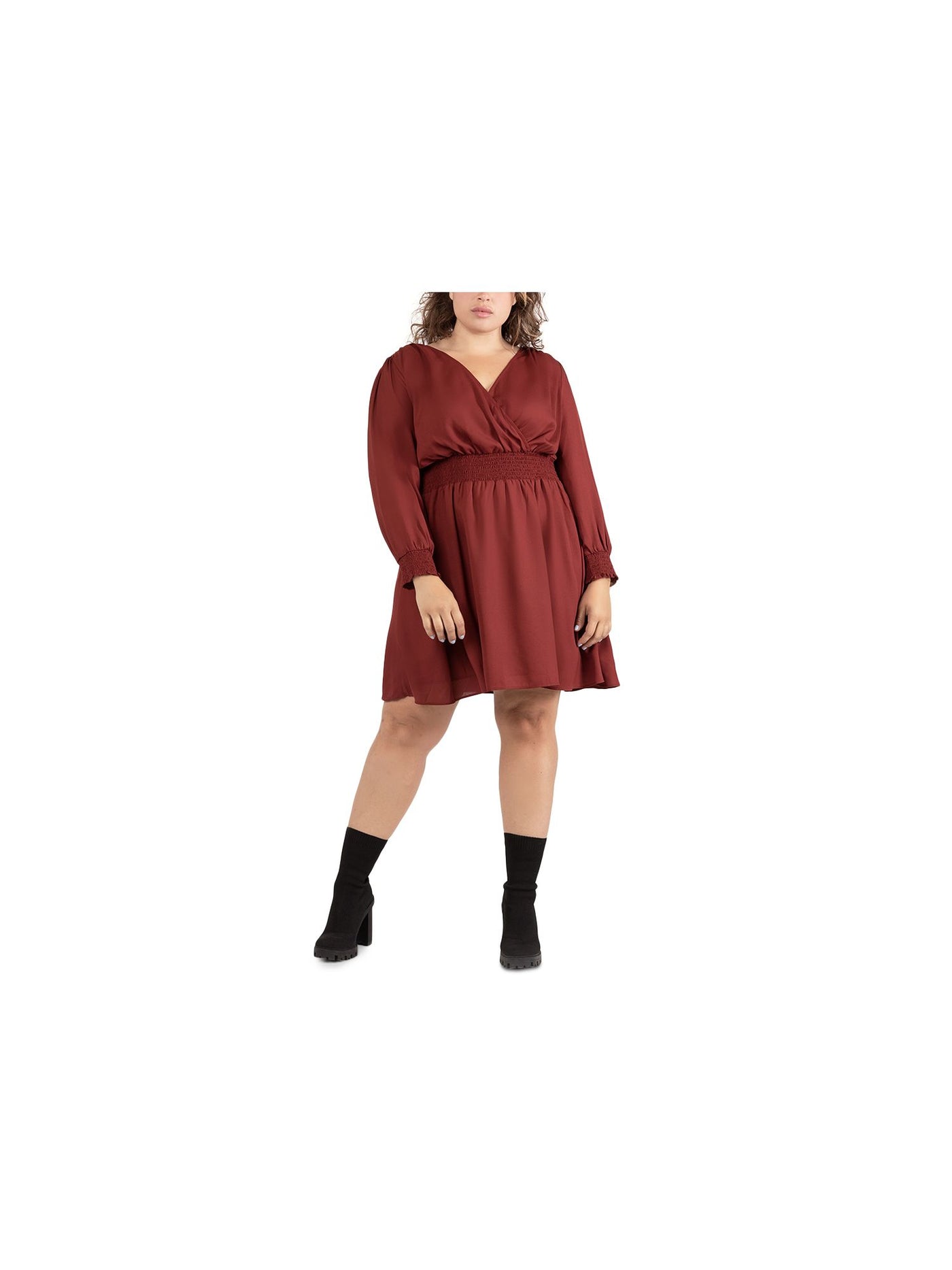BLACK TAPE Womens Maroon Gathered Smocked Waist And Cuffs Long Sleeve Surplice Neckline Above The Knee Fit + Flare Dress Plus X
