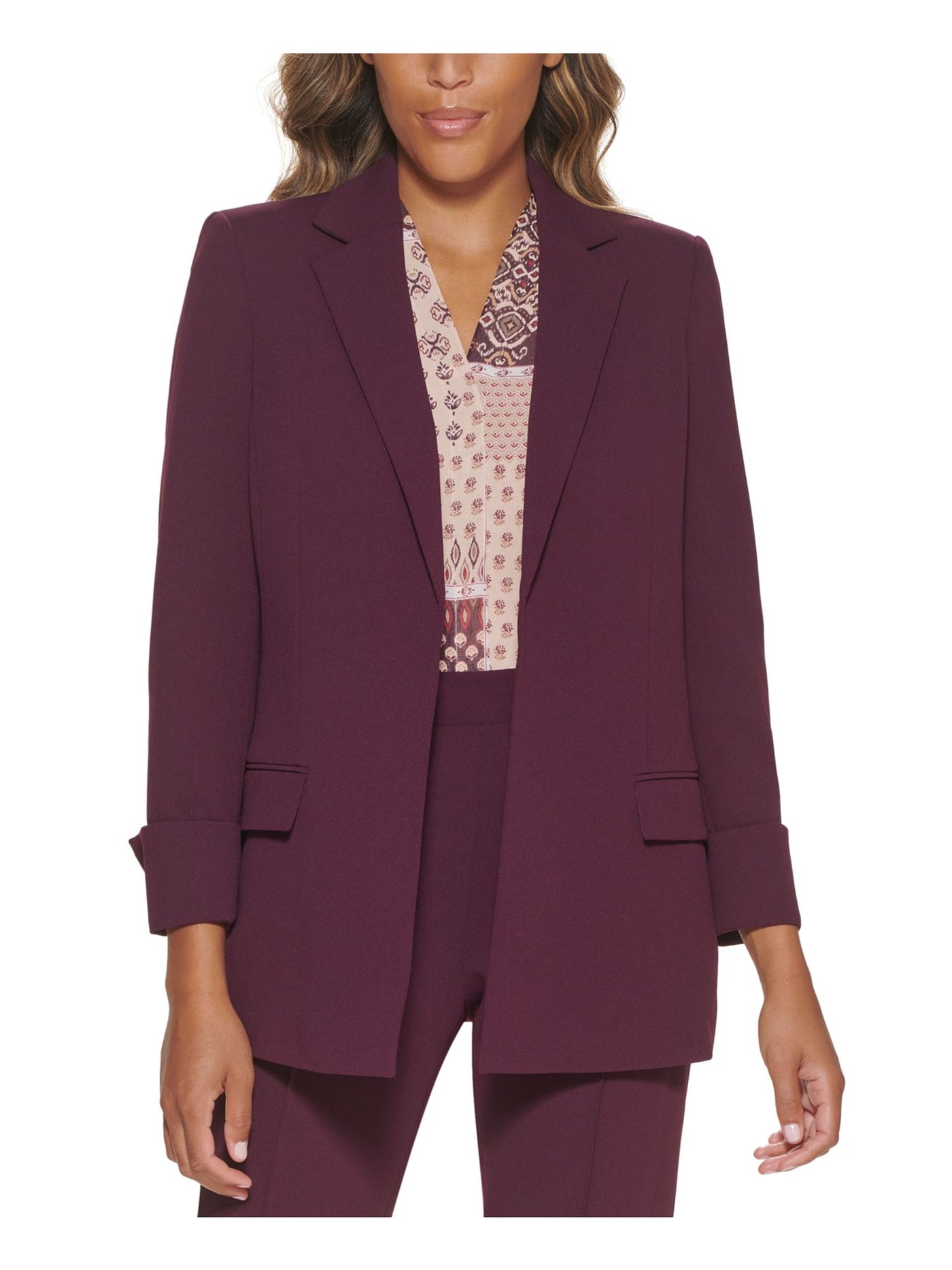 CALVIN KLEIN Womens Burgundy Pocketed Textured Rolled Cuffs Notch Collar Wear To Work Jacket 2