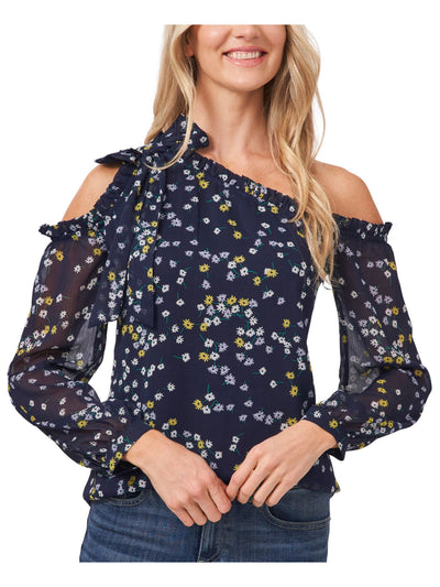 CECE Womens Navy Cold Shoulder Ruffled Bow Detail Sheer Body Lined Floral Long Sleeve Asymmetrical Neckline Party Blouse XS