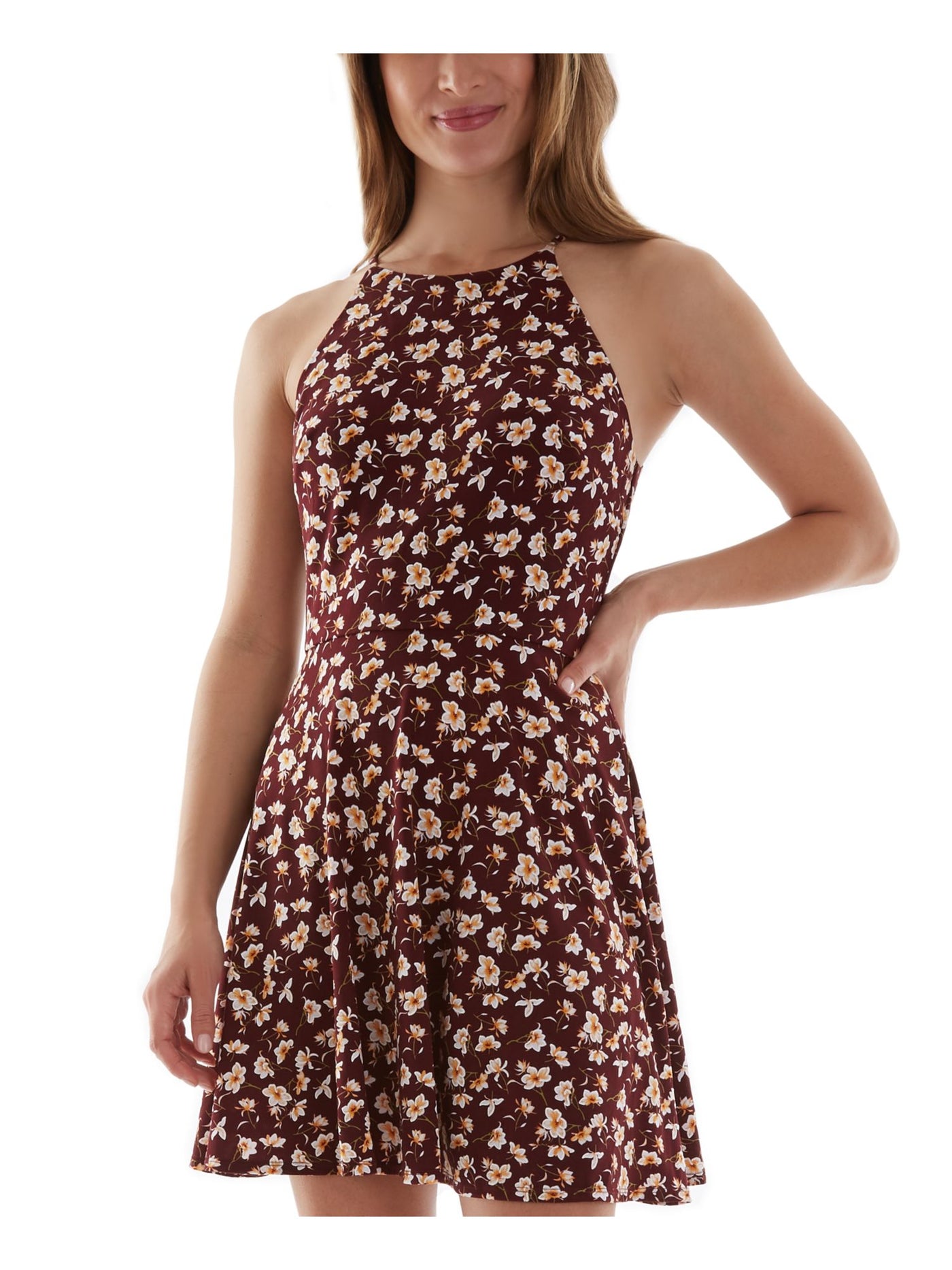 BCX DRESS Womens Maroon Floral Sleeveless Halter Mini Party Fit + Flare Dress XXS