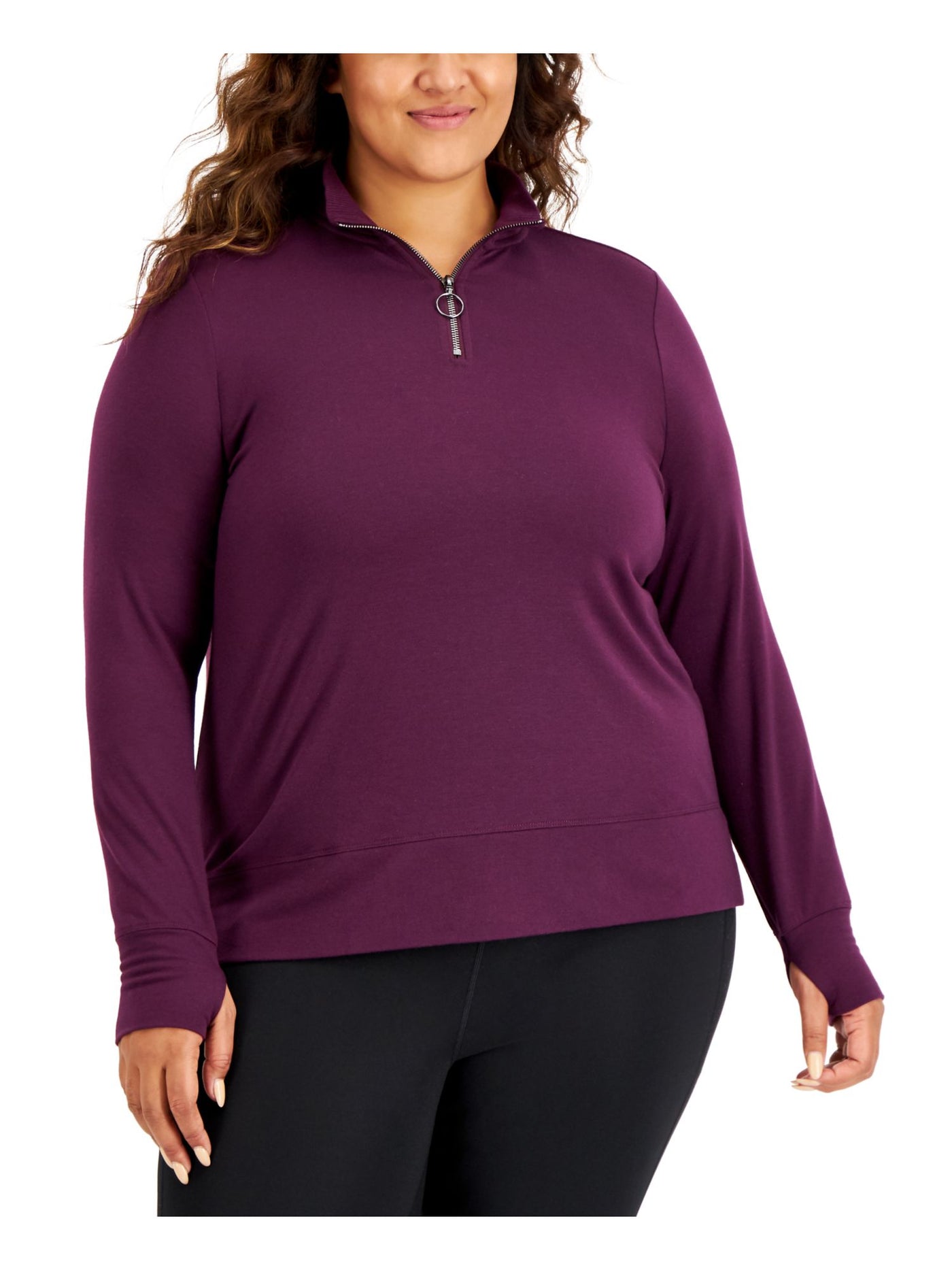 IDEOLOGY Womens Purple Slitted Ribbed Cuffed Quarter-zip Sweatshirt Plus 1X