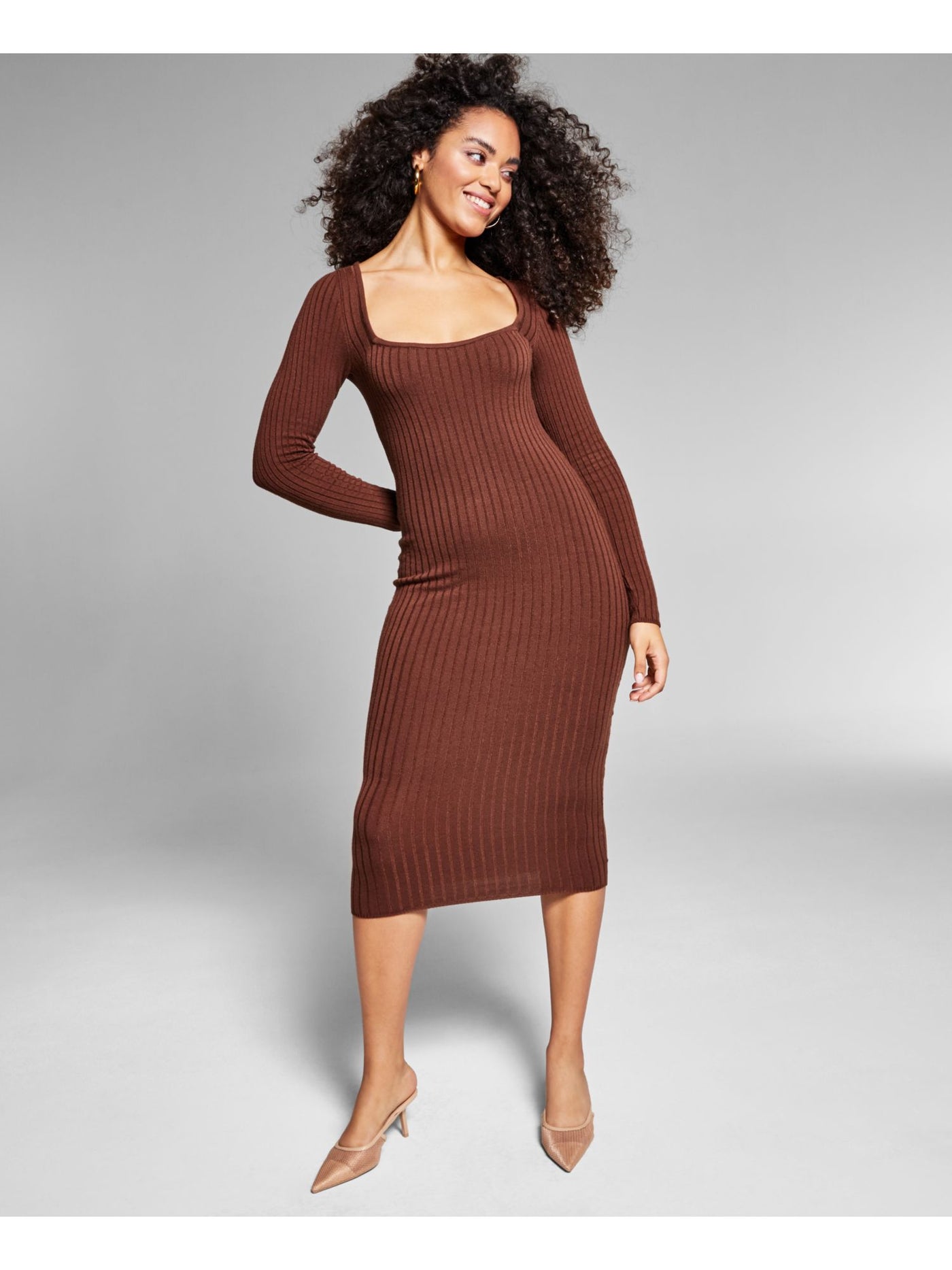 INC Womens Brown Stretch Ribbed Lined Long Sleeve Square Neck Midi Party Sweater Dress S