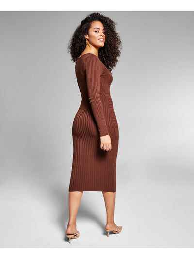 INC Womens Brown Stretch Ribbed Lined Long Sleeve Square Neck Midi Party Sweater Dress S