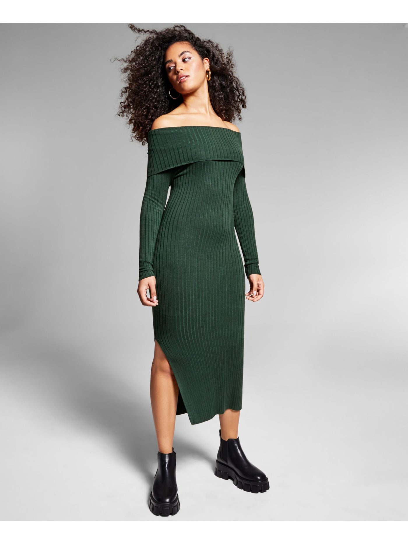 INC Womens Green Stretch Ribbed Slitted Lined Long Sleeve Off Shoulder Midi Body Con Dress S
