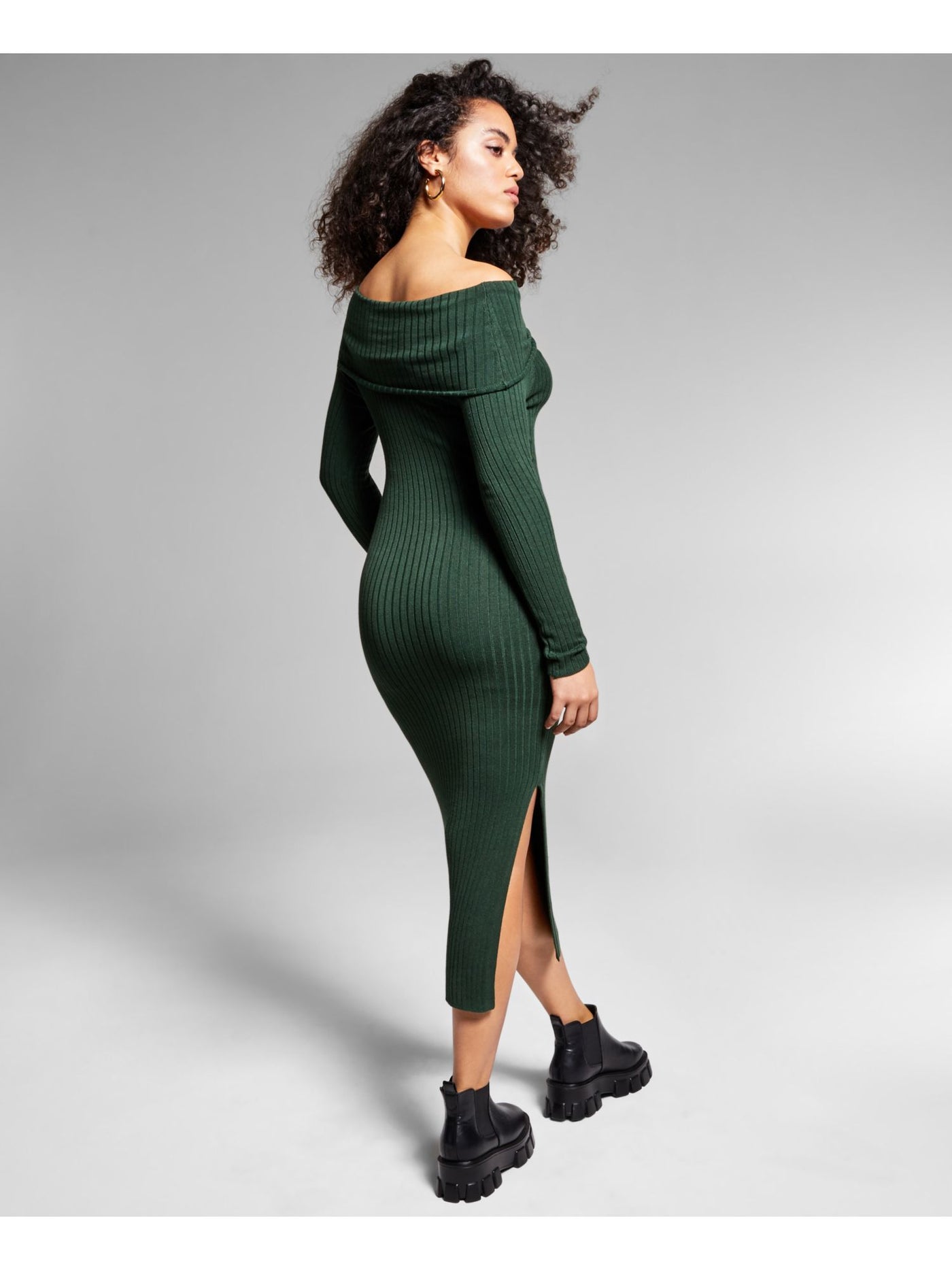 INC Womens Green Stretch Ribbed Slitted Lined Long Sleeve Off Shoulder Midi Body Con Dress S