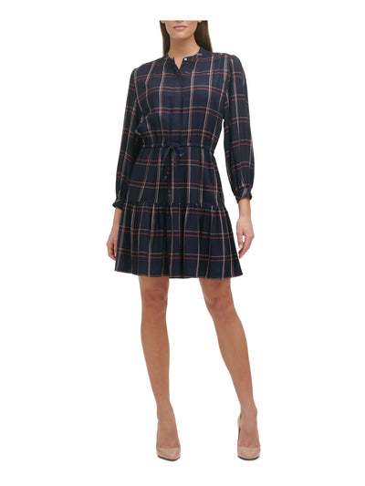 TOMMY HILFIGER Womens Navy Plaid Cuffed Sleeve Round Neck Short Cocktail Ruffled Dress 8