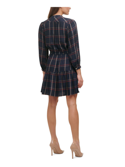 TOMMY HILFIGER Womens Navy Plaid Cuffed Sleeve Round Neck Short Cocktail Ruffled Dress 14