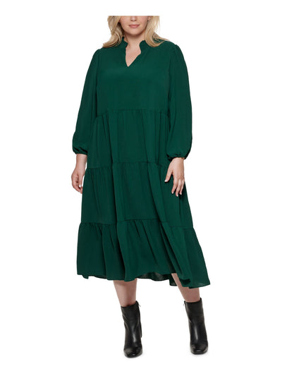 JESSICA HOWARD Womens Green Zippered Ruffled Tiered Skirt Lined Elastic Cuff Blouson Sleeve Split Below The Knee Wear To Work Fit + Flare Dress Plus S