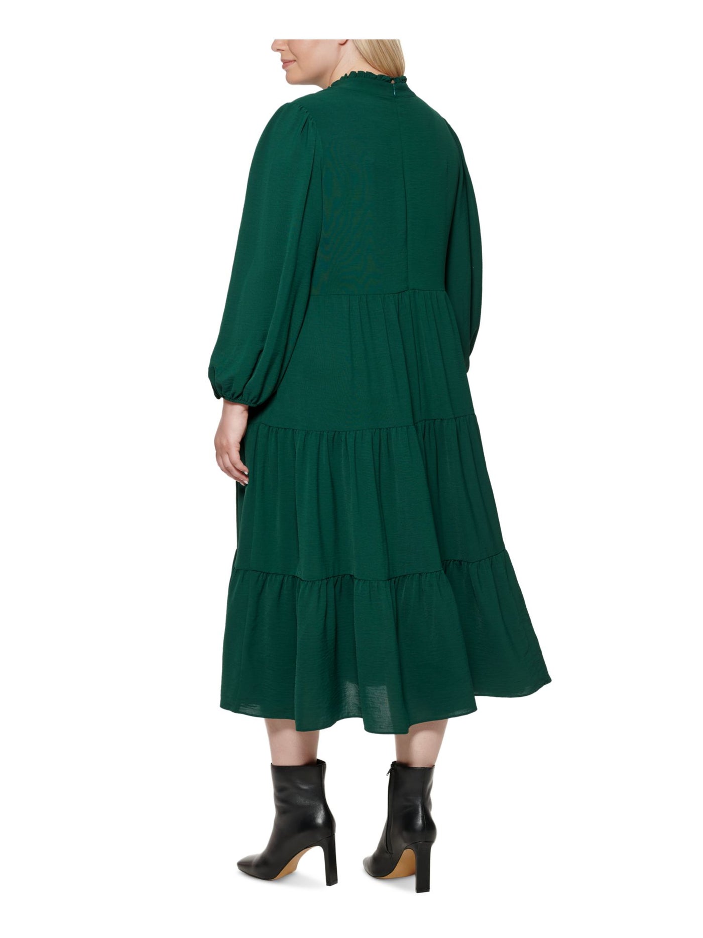 JESSICA HOWARD Womens Green Zippered Ruffled Tiered Skirt Lined Elastic Cuff Blouson Sleeve Split Below The Knee Wear To Work Fit + Flare Dress Plus S