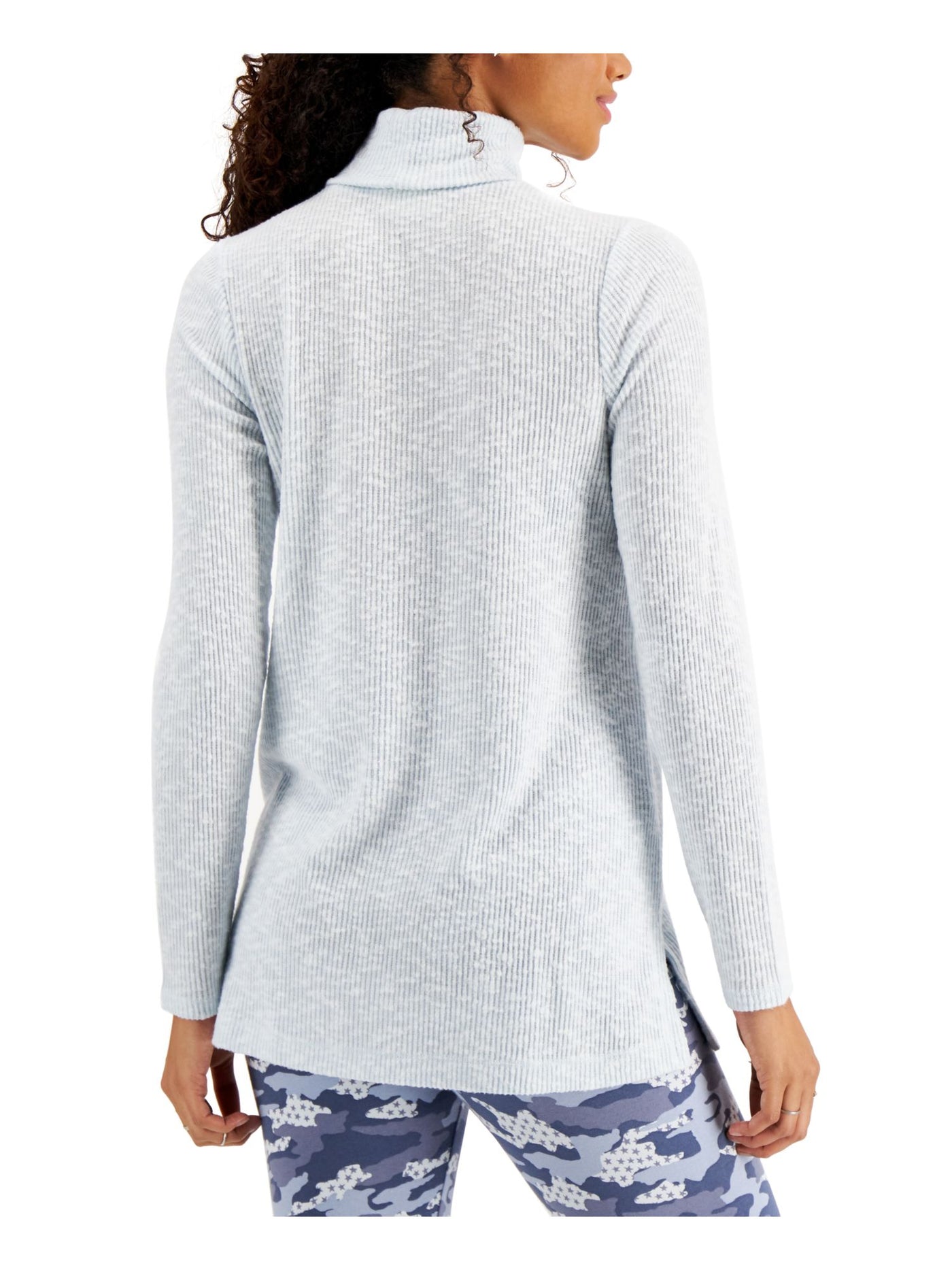 STYLE & COMPANY Womens Light Blue Knit Ribbed Slitted Textured Heather Long Sleeve Turtle Neck Tunic Top Petites PP