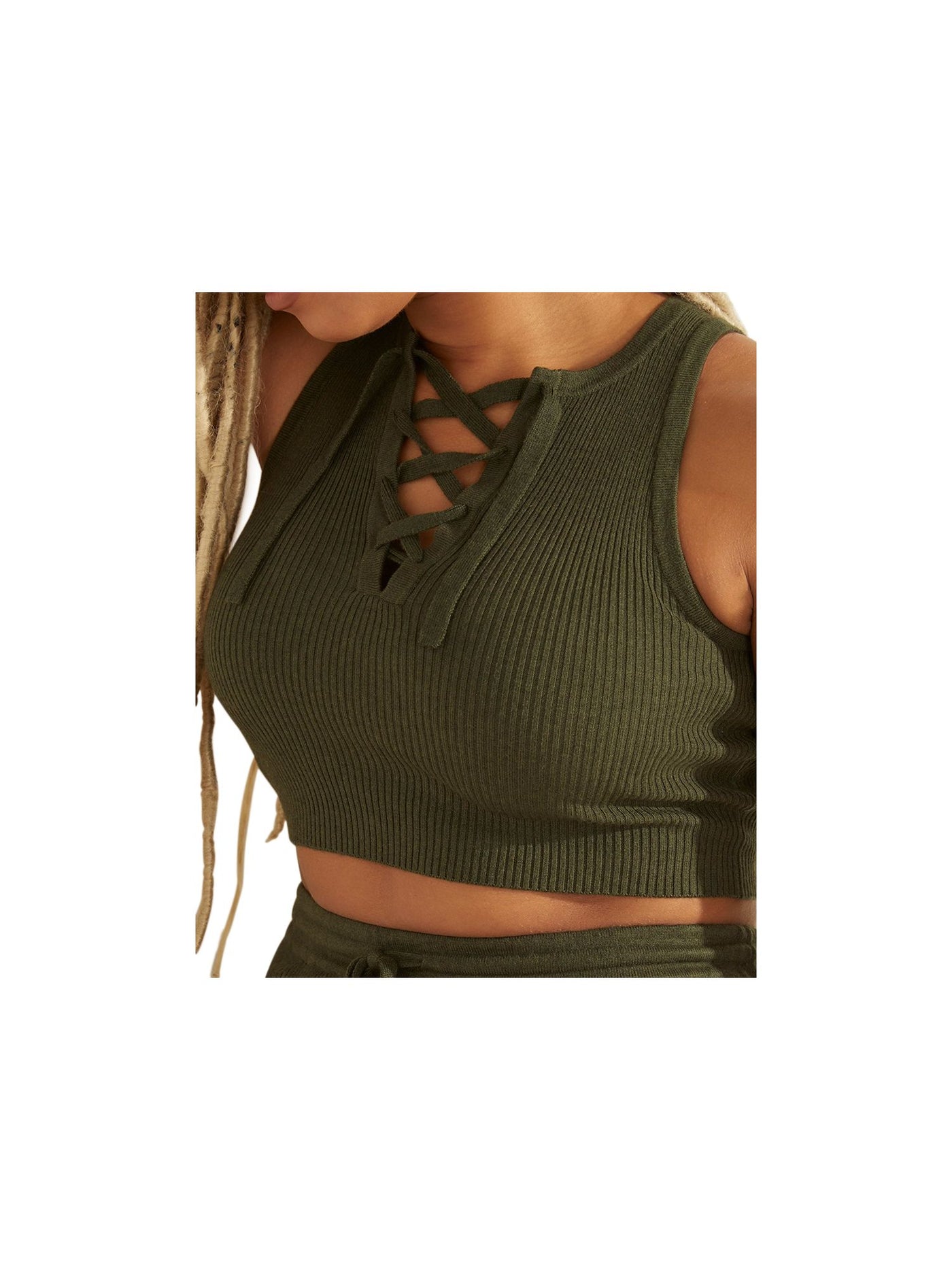 GUESS Womens Green Ribbed Lace-up Detail Front Sleeveless Jewel Neck Crop Top Sweater M
