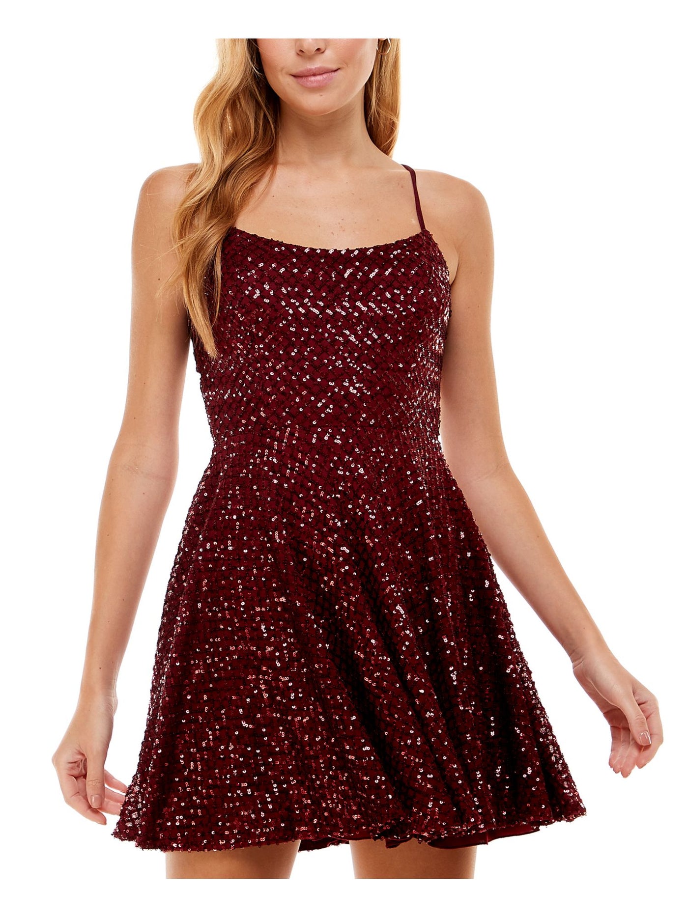 CITY STUDIO Womens Burgundy Stretch Sequined Zippered Lace-up Tie Back Padded Cups Spaghetti Strap Scoop Neck Short Party Fit + Flare Dress Juniors 13
