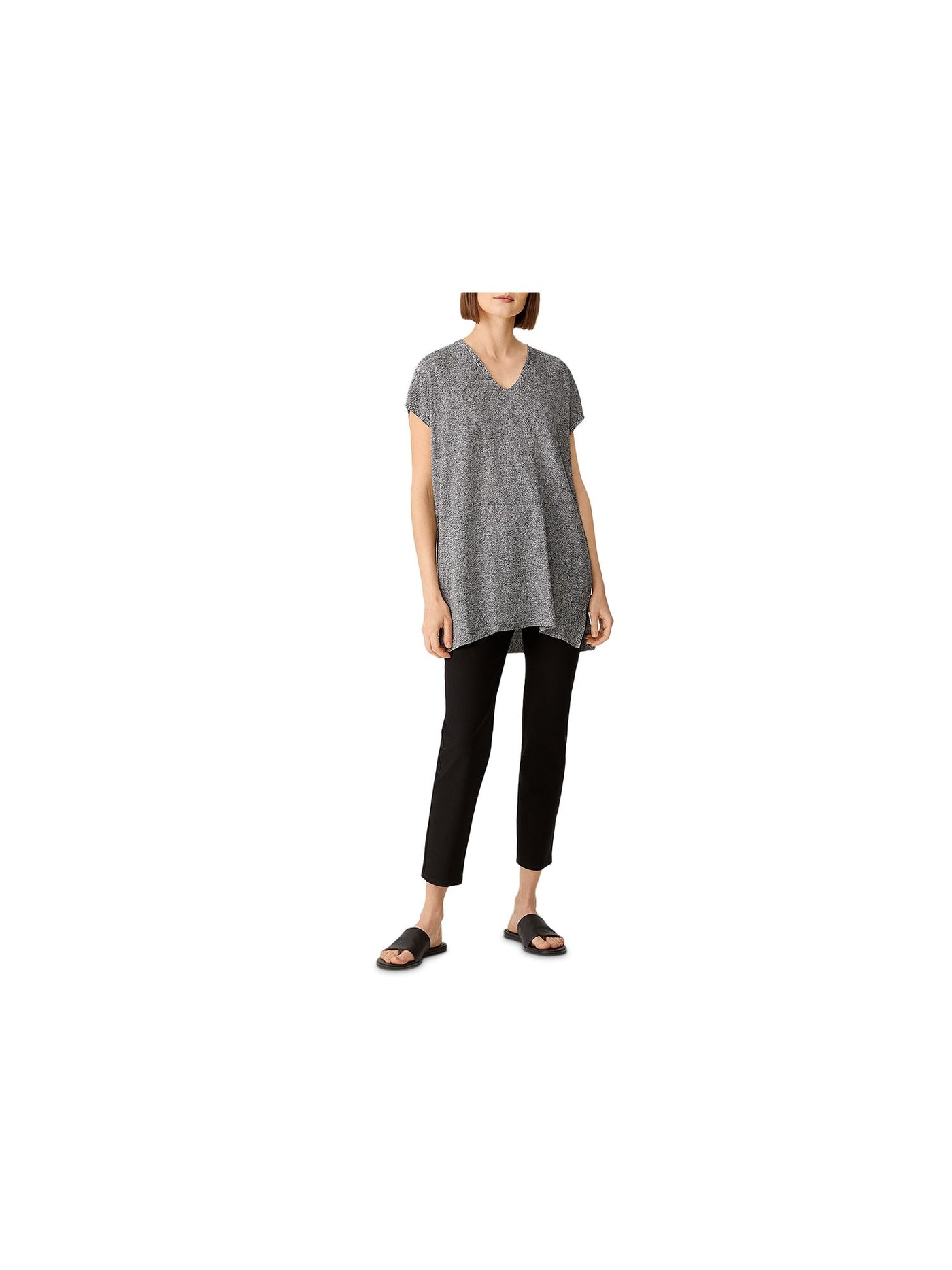 EILEEN FISHER Womens Gray Textured Slitted Drape Style Heather Cap Sleeve V Neck Tunic Top Petites PM